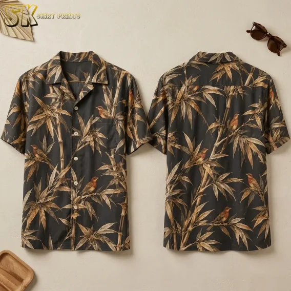 Front and back of a charcoal short-sleeve shirt displayed side by side, with brown birds and tan bamboo across both sides.