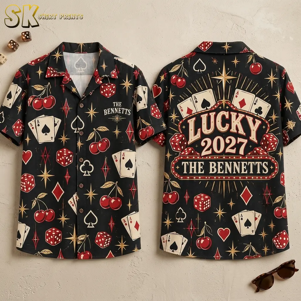 Black button-up shirt shown front and back on a light textured surface, with playing-card graphics and large “LUCKY 2027 THE BENNETTS” back lettering.