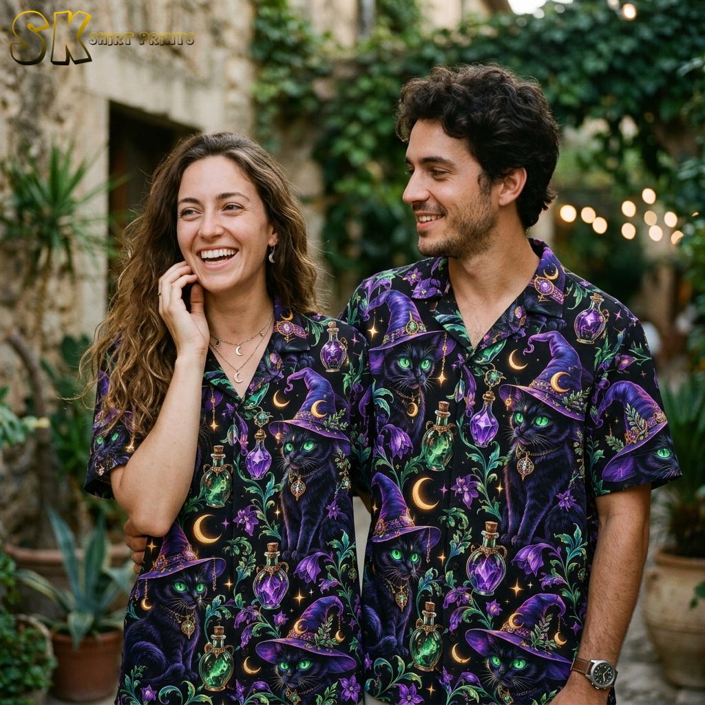 Couple wearing matching halloween hawaiian shirts with an all-over black cat witch hat and potion bottle pattern on a black base.