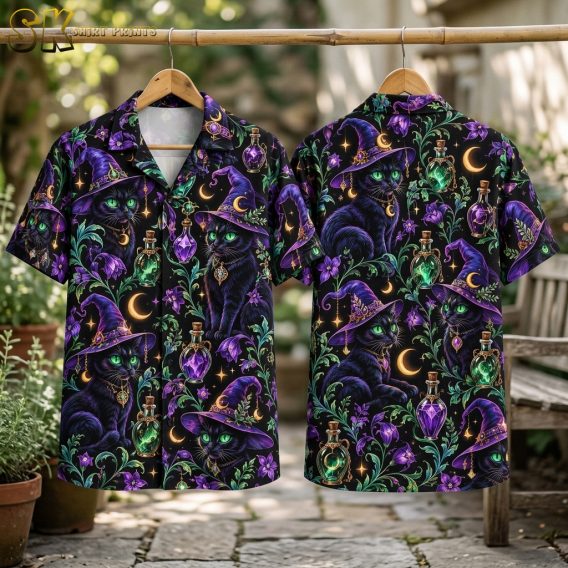 Flat lay of a halloween hawaiian shirt showing front and back with an all-over pattern of black cats in purple witch hats, potion bottles, stars, and crescent moons on a black base.