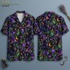 Front and back hanger view of a halloween hawaiian shirt with an all-over pattern of black cats in purple witch hats, potion bottles, crescent moons, and stars on a black base.
