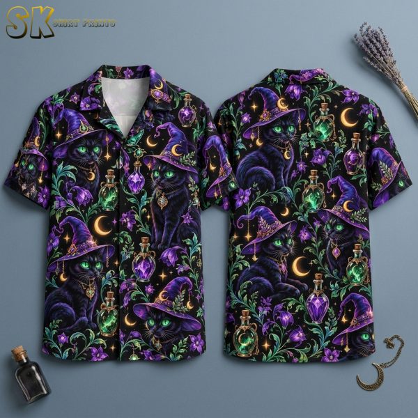 Witch Cats & Potion Bottles Halloween Hawaiian Shirt