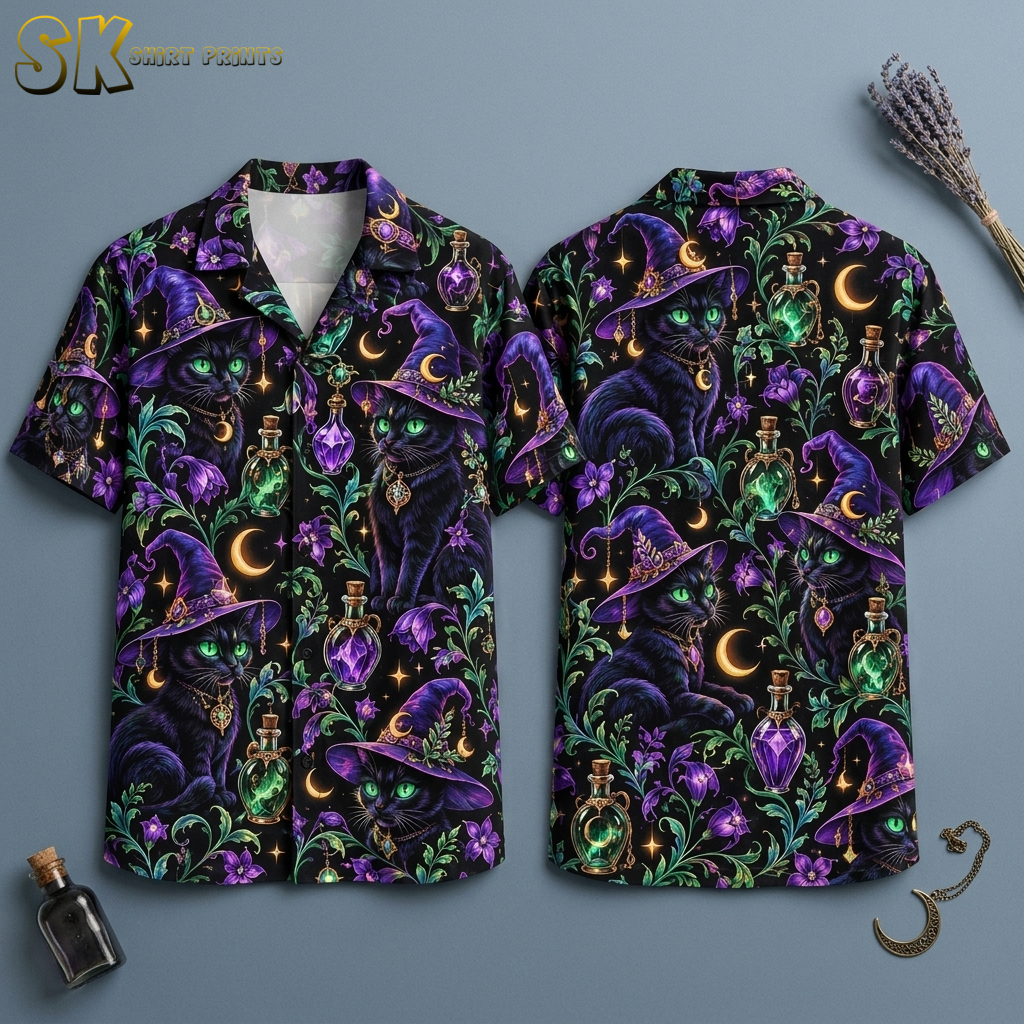 Witch Cats & Potion Bottles Halloween Hawaiian Shirt