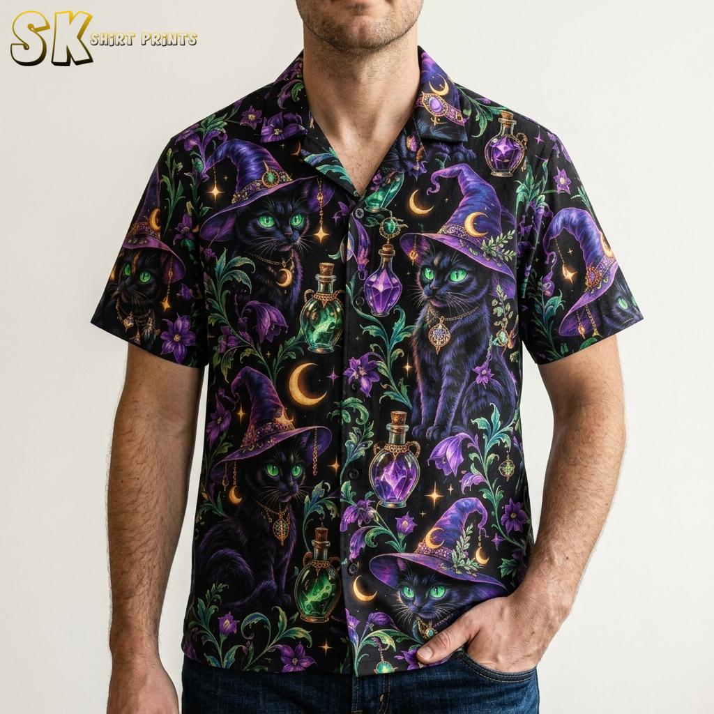Man wearing a mens halloween hawaiian shirt featuring black cats in purple witch hats, potion bottles, and crescent moons on a black background.