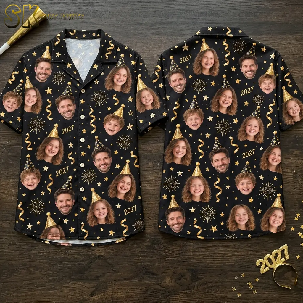 Front and back of a black shirt lie on dark wood, showing repeated faces, gold party hats, and 2027 lettering.