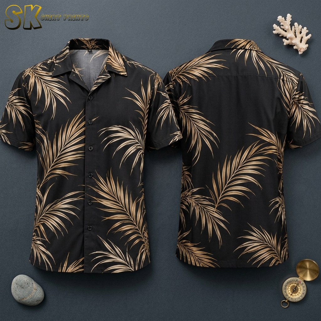 Front and back views of a black short-sleeve button-up shirt printed with large beige and tan palm fronds, displayed flat against a dark gray surface alongside a coral piece and compass.