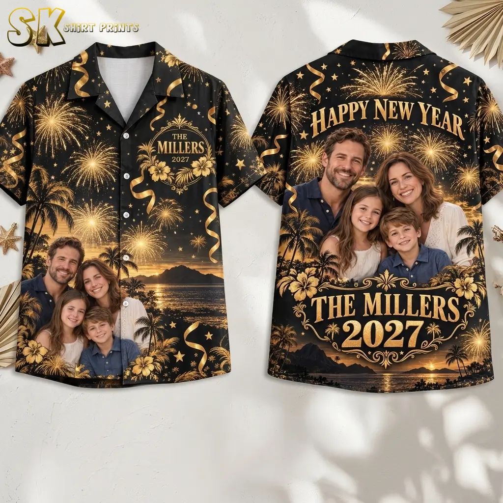 Front and back of a black button-up shirt display gold fireworks, a family portrait, and “The Millers 2027” text.