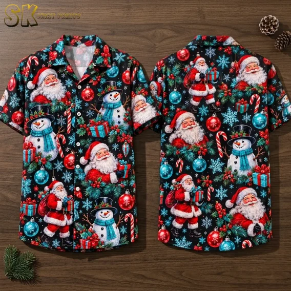A black Santa Claus Hawaiian shirt is laid out front and back on a wooden surface, showing Santa and snowman illustrations.
