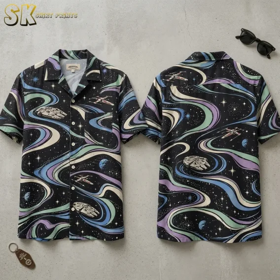 A black Star Wars Hawaiian button-up shirt is laid out front and back on a gray surface, showing spacecraft and pastel swirls.