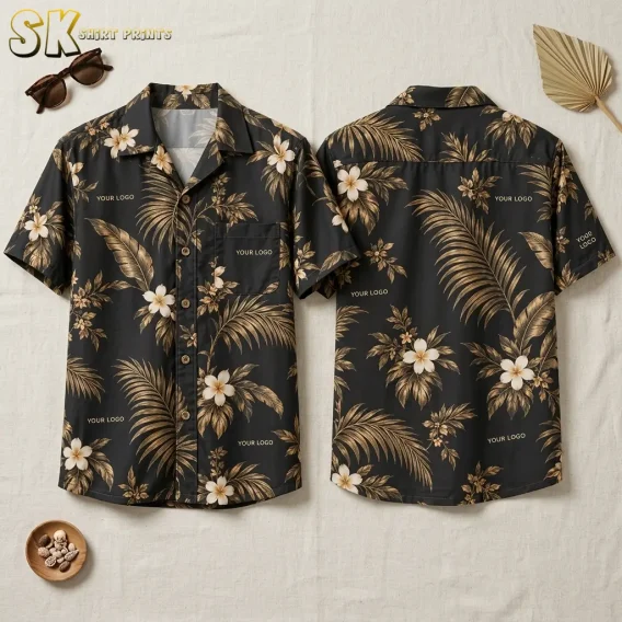 Front and back of a black short-sleeve button-up shirt laid flat, showing an all-over cream floral and golden-brown palm leaf print with multiple 'YOUR LOGO' text placements scattered across both sides.