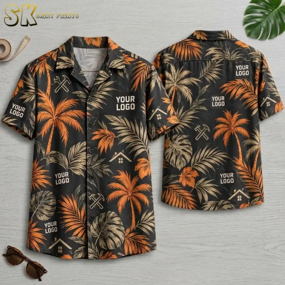 Front and back views of a black short-sleeve camp collar shirt displayed on a flat surface, showing orange and beige palm tree print with repeated 'YOUR LOGO' text blocks on the chest, sleeves, and back.
