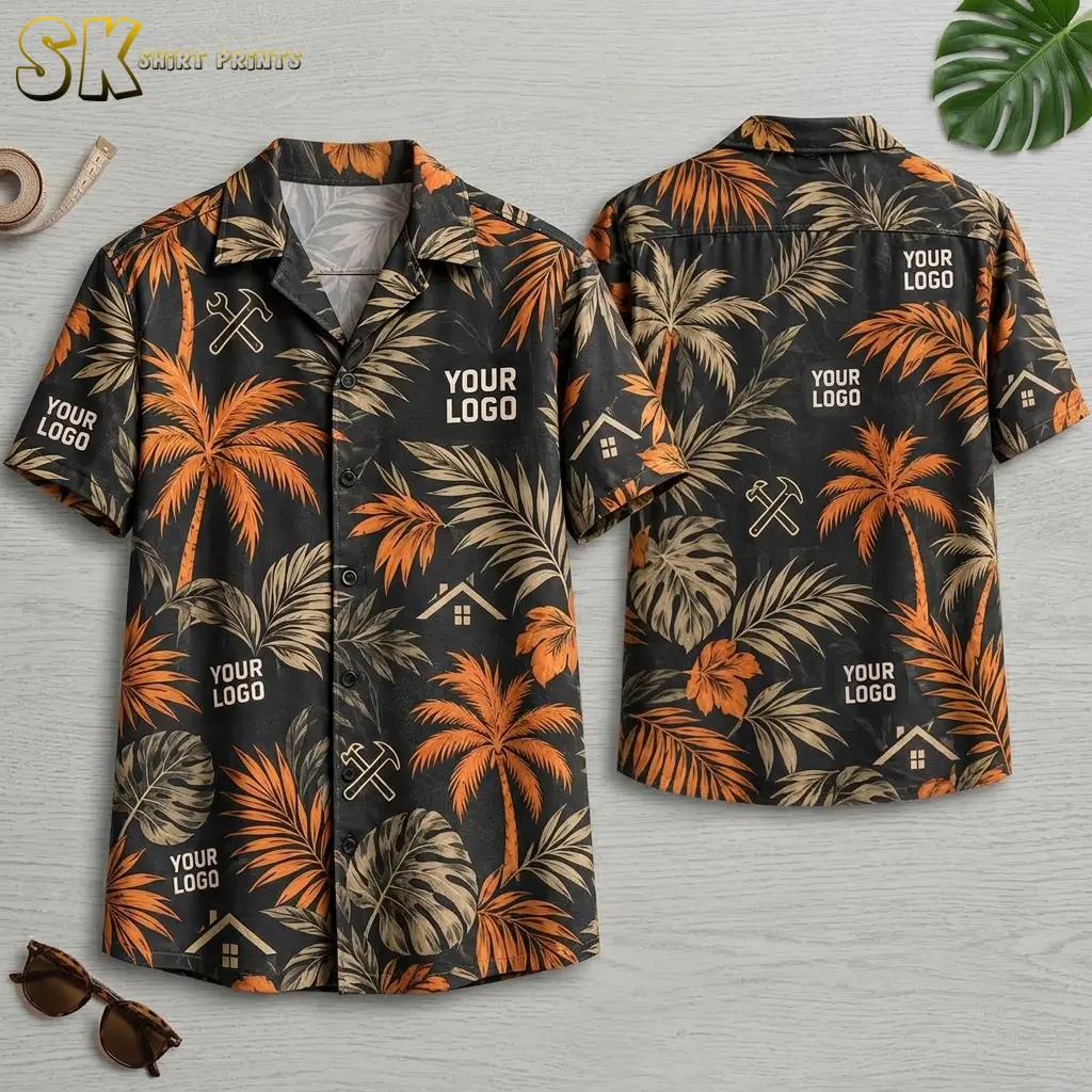 Front and back views of a black short-sleeve camp collar shirt displayed on a flat surface, showing orange and beige palm tree print with repeated 'YOUR LOGO' text blocks on the chest, sleeves, and back.