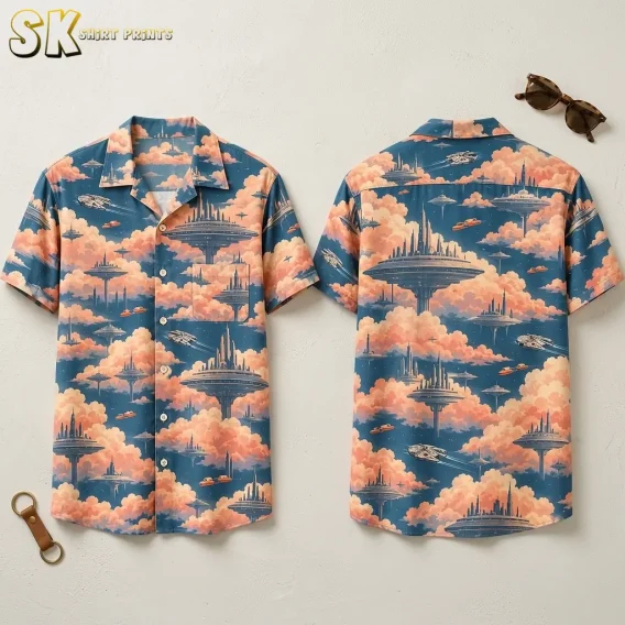A blue Star Wars Hawaiian shirt is displayed front and back against a light background, with peach clouds and floating city platforms.