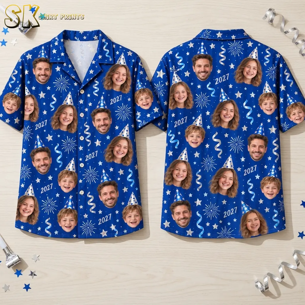 Front and back of a royal blue button-up shirt laid flat, showing repeated smiling faces, silver-colored stars, and 2027 text.