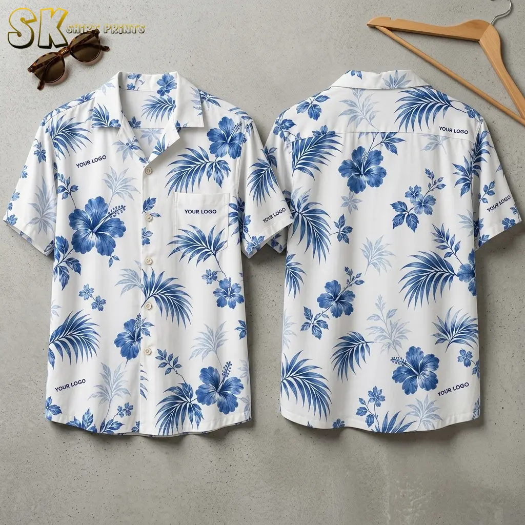 Both the front and back of a white custom Hawaiian shirt with company logo placeholders are laid flat, showing large blue hibiscus flowers, palm fronds, and multiple 'YOUR LOGO' text positions across the chest, sleeves, and back.