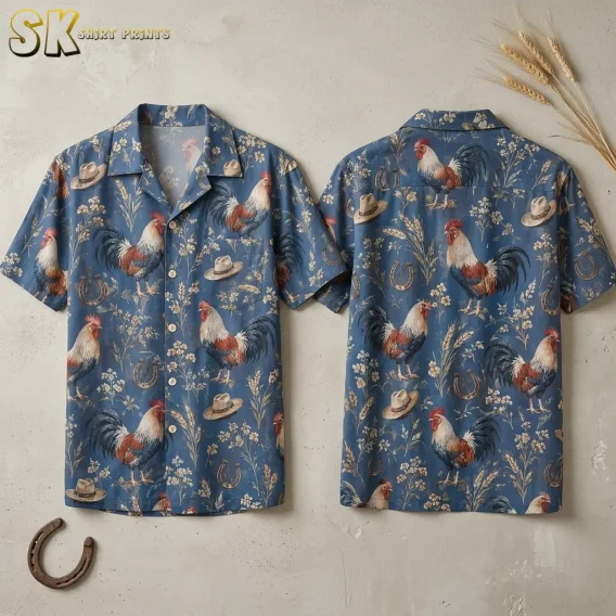 Front and back of a blue rooster Hawaiian shirt displayed side by side on a light textured surface.