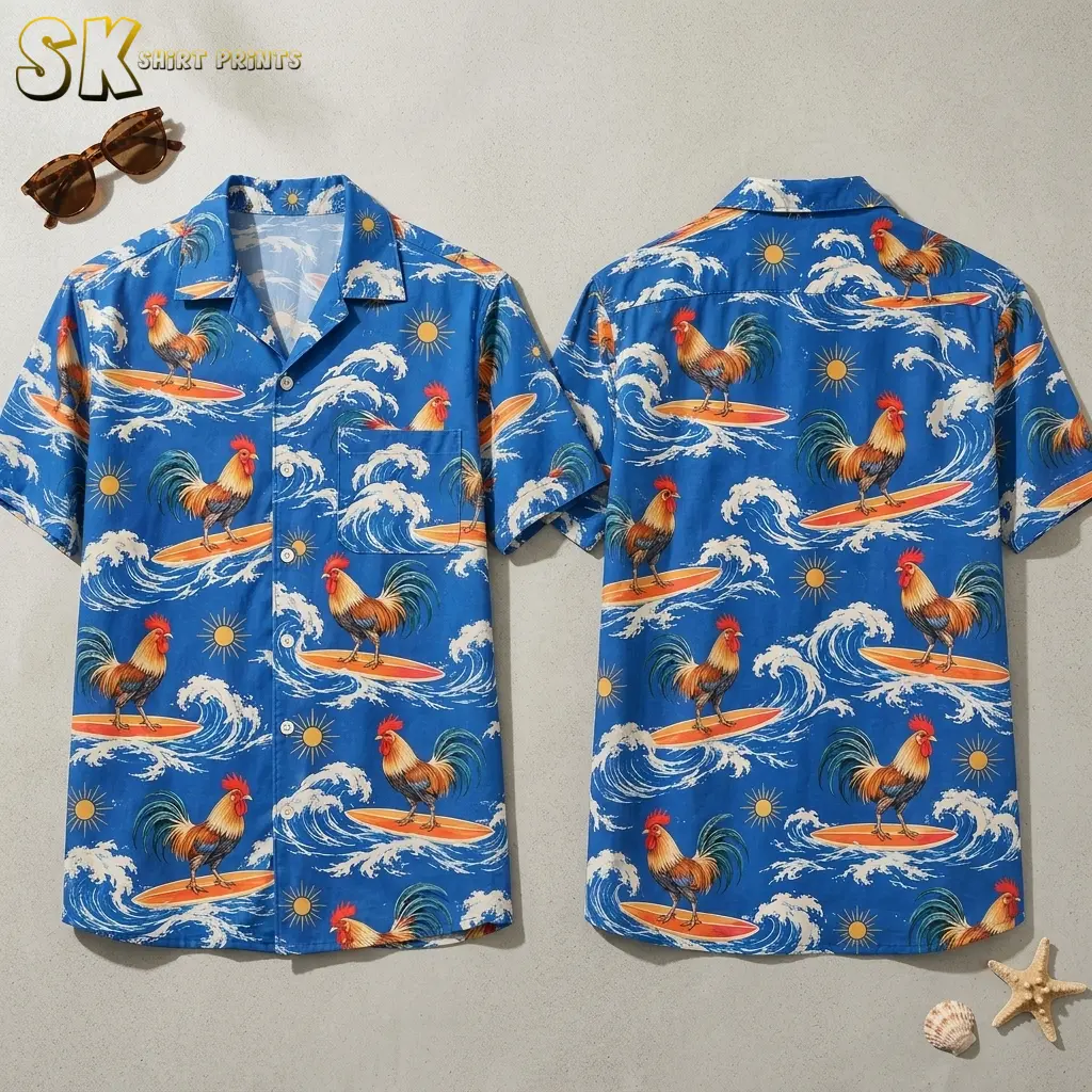 Front and back of a blue rooster Hawaiian shirt laid flat beside sunglasses, with surfing roosters, white waves, and yellow suns.