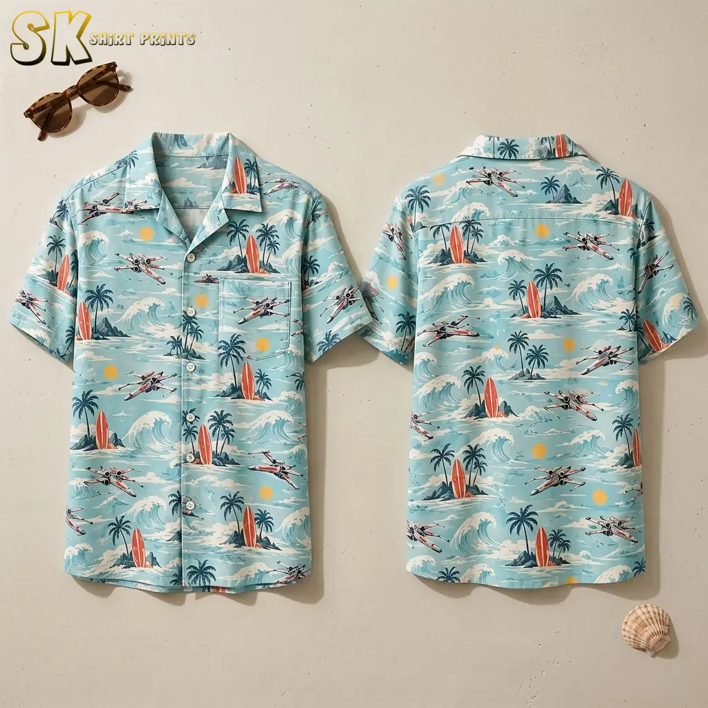 Front and back of a light blue Star Wars Hawaiian shirt displayed on a beige surface beside sunglasses and a seashell.