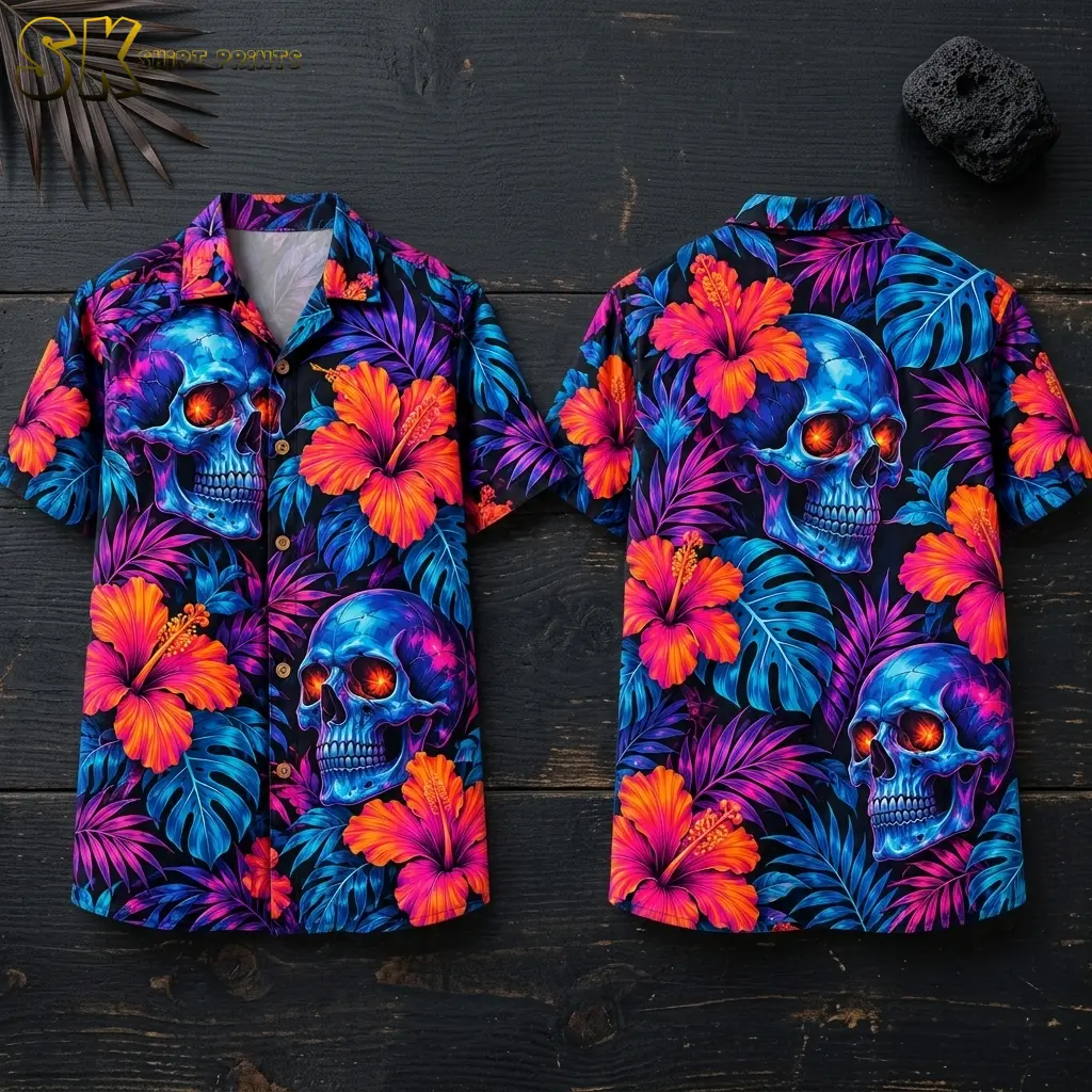 Front and back of a Halloween Hawaiian shirt lie on dark wood, displaying blue skulls and bright orange-pink hibiscus flowers.