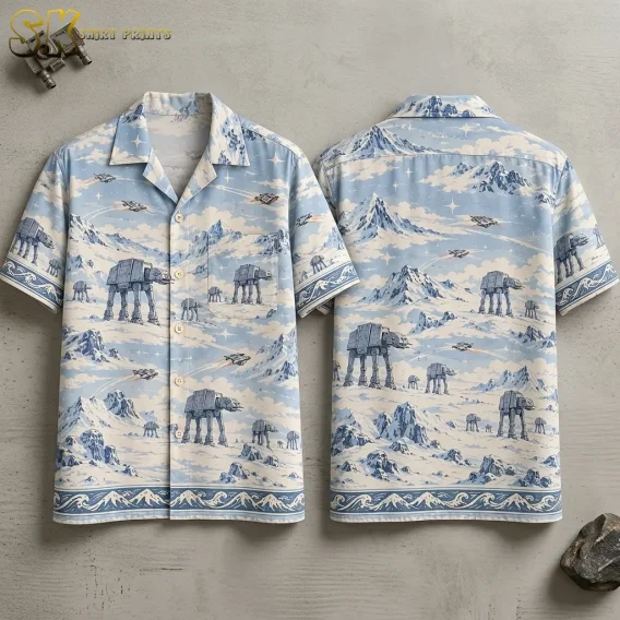 A light blue Star Wars Hawaiian shirt is displayed front and back on a gray surface, showing walkers, snowy mountains, and patterned borders.