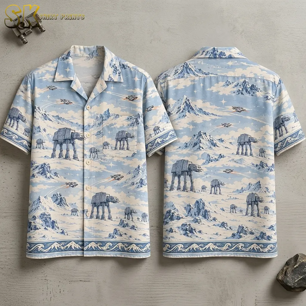 A light blue Star Wars Hawaiian shirt is displayed front and back on a gray surface, showing walkers, snowy mountains, and patterned borders.