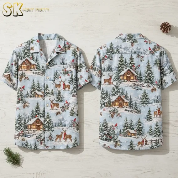 A light blue Christmas Hawaiian shirt is displayed front and back on a pale wood surface, showing snowy cabins and deer.