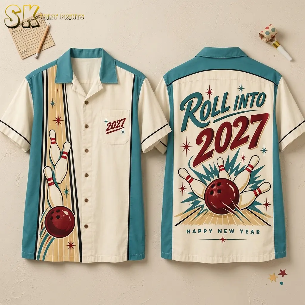 Cream and teal button-up shirt shown front and back, with bowling graphics and large Roll Into 2027 lettering on the back.