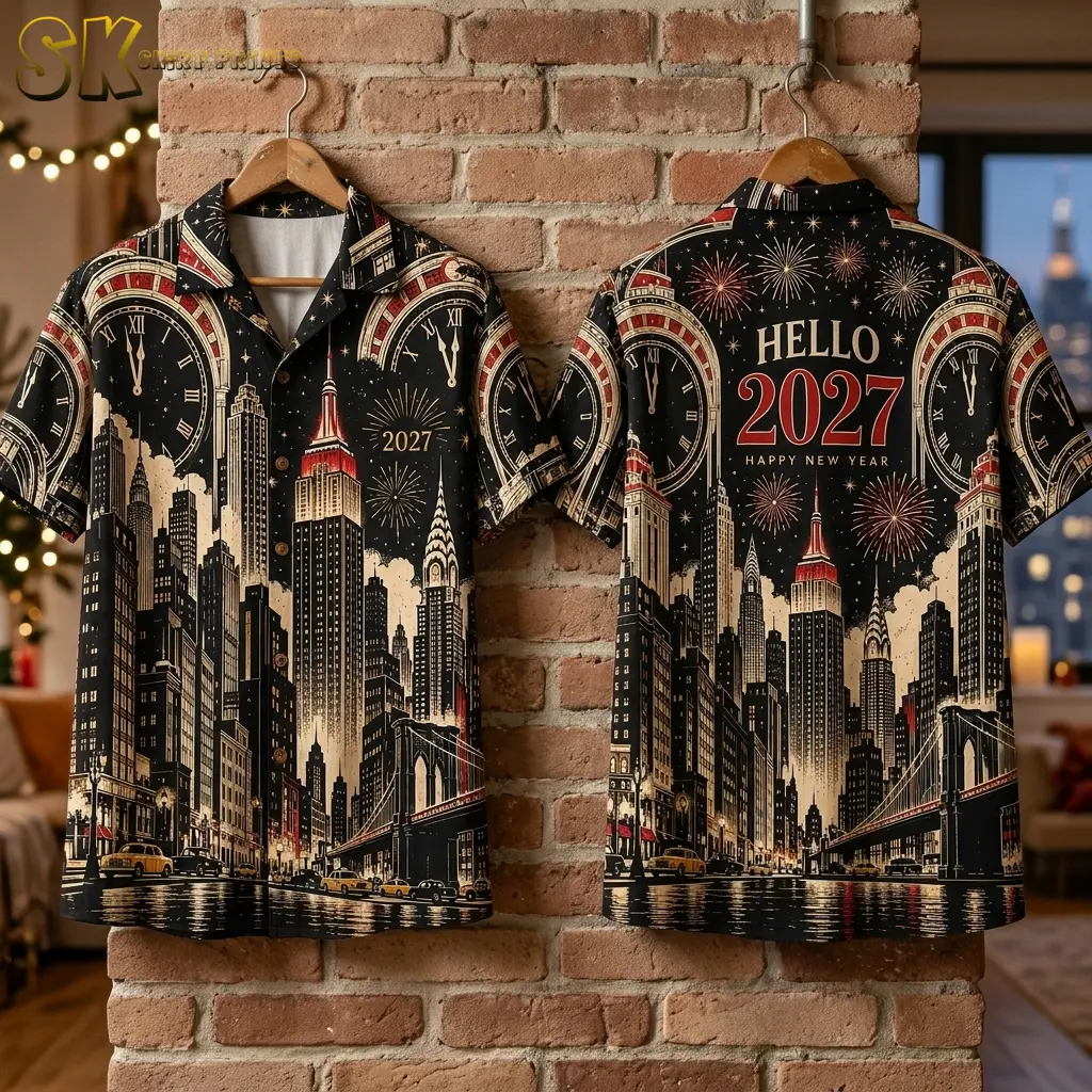 Two black city-print shirts hang against a brick wall, displaying the buttoned front and the back’s large red 2027 design.