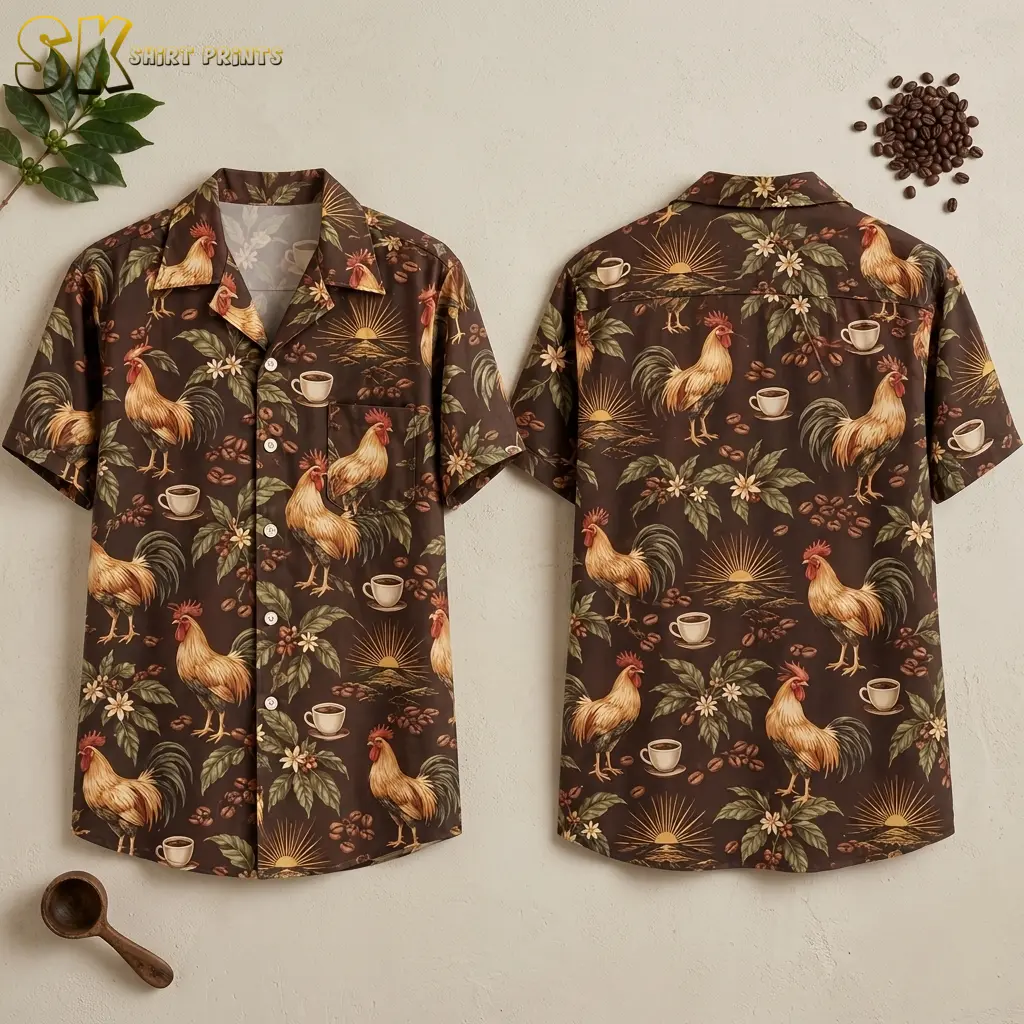 Front and back of a brown rooster Hawaiian shirt displayed against a light background with coffee beans and a wooden scoop nearby.