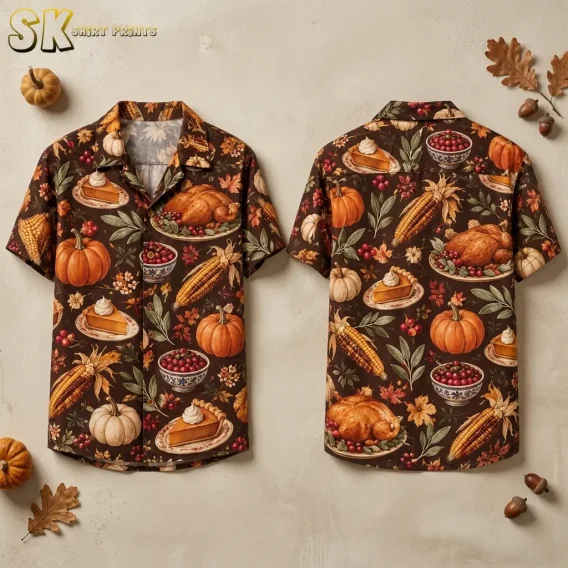 Front and back of a brown Thanksgiving Hawaiian shirt displayed side by side with turkey, pumpkin pie, and harvest illustrations.