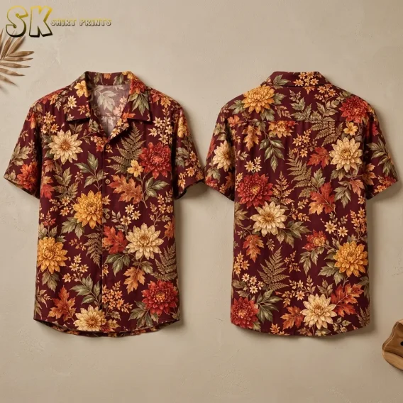 Front and back of a burgundy short-sleeve shirt displayed side by side against a beige background, with large flowers and autumn leaves.