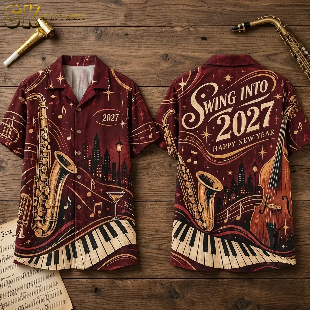 Front and back of a burgundy jazz-print shirt laid on wood, with piano-key hems and large “Swing Into 2027” lettering on the back.