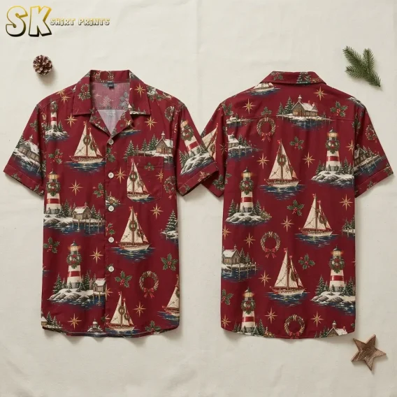 Front and back hanger views of a men's christmas hawaiian shirt in deep burgundy, showing an all-over pattern of festive sailboats, snow-covered lighthouses with wreaths, rustic cabins, holly sprigs, and gold eight-pointed stars on both sides.