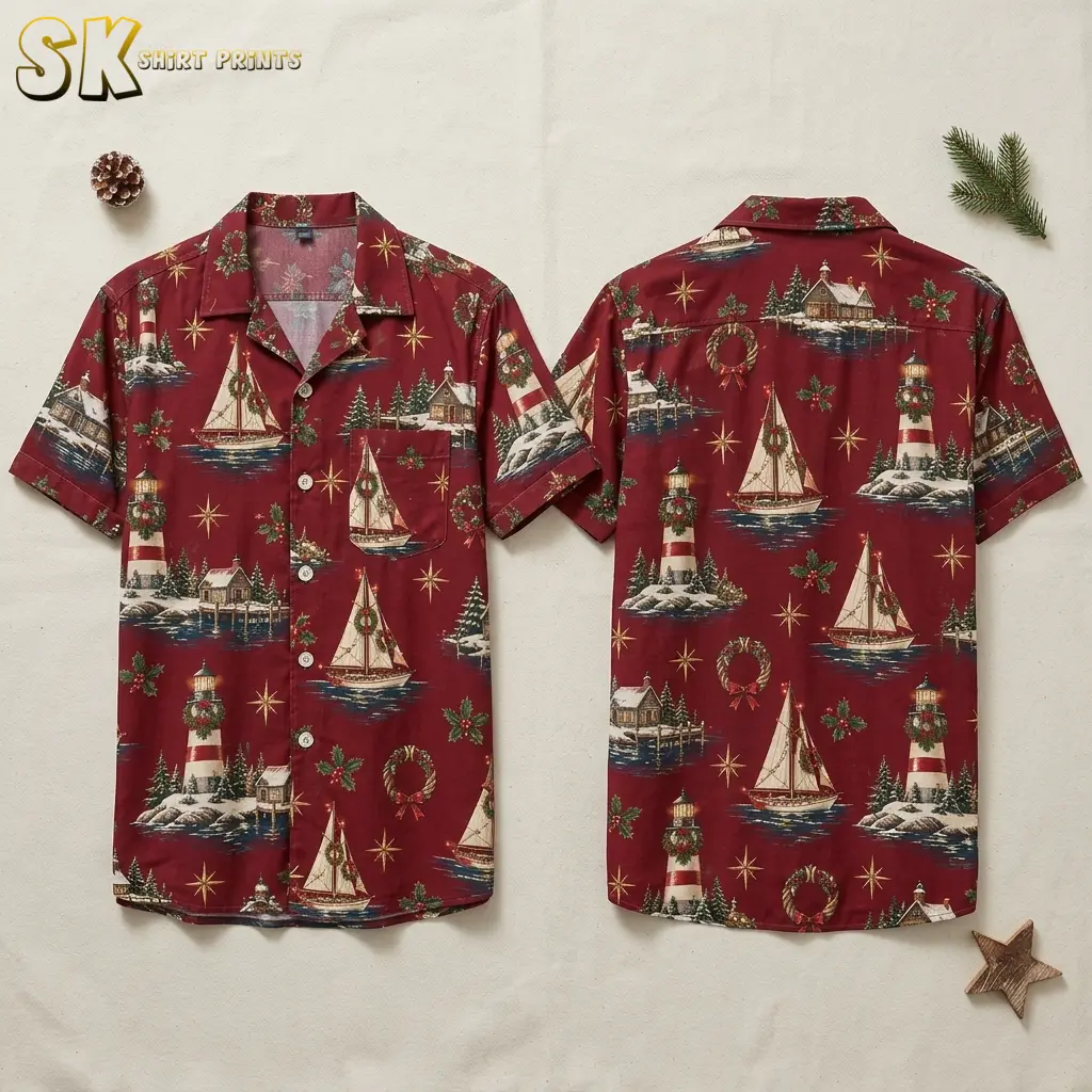 Front and back hanger views of a men's christmas hawaiian shirt in deep burgundy, showing an all-over pattern of festive sailboats, snow-covered lighthouses with wreaths, rustic cabins, holly sprigs, and gold eight-pointed stars on both sides.
