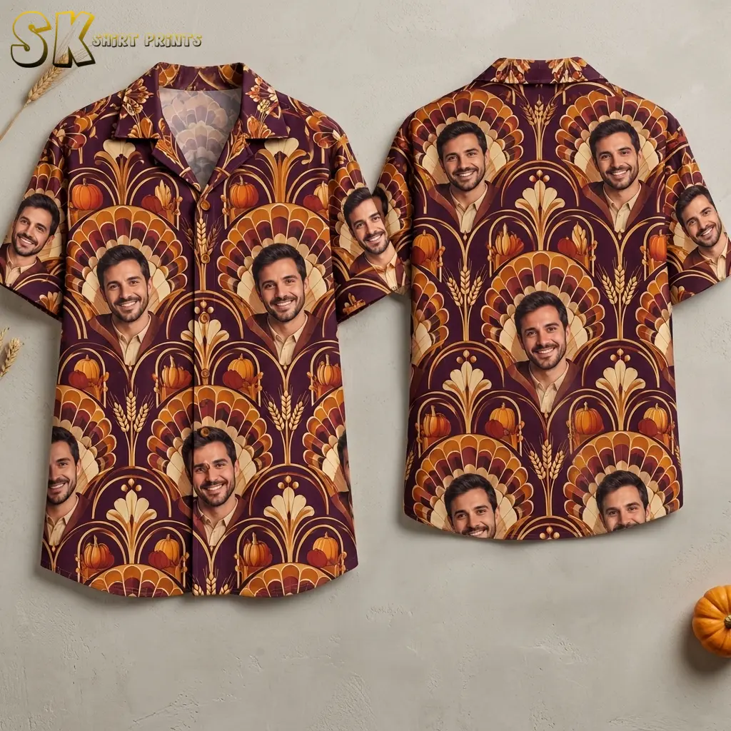 Front and back of a burgundy short-sleeve button-up shirt with smiling portraits, fan-shaped frames, pumpkins, and wheat on a light background.