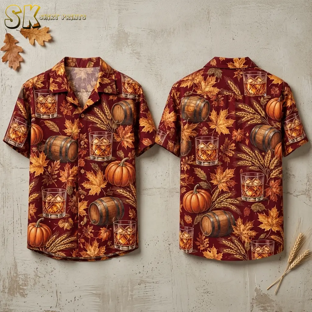 Front and back of a burgundy short-sleeve shirt with pumpkins, whiskey glasses, barrels, and golden fall foliage against a light textured background.