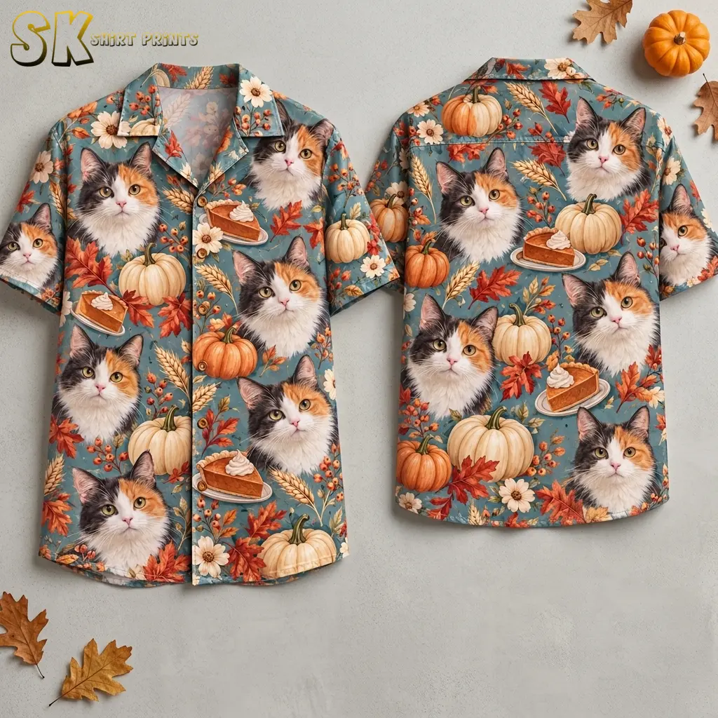 Front and back of a blue Thanksgiving button up shirt with large calico cat faces, pumpkins, and pumpkin pie, displayed against a gray background.