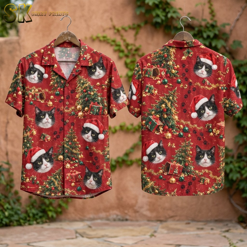 Front and back of the mens christmas hawaiian shirt hang on wooden hangers against a rustic stone wall with climbing vines, showing the red all-over print with tuxedo cat faces and festive Christmas motifs.