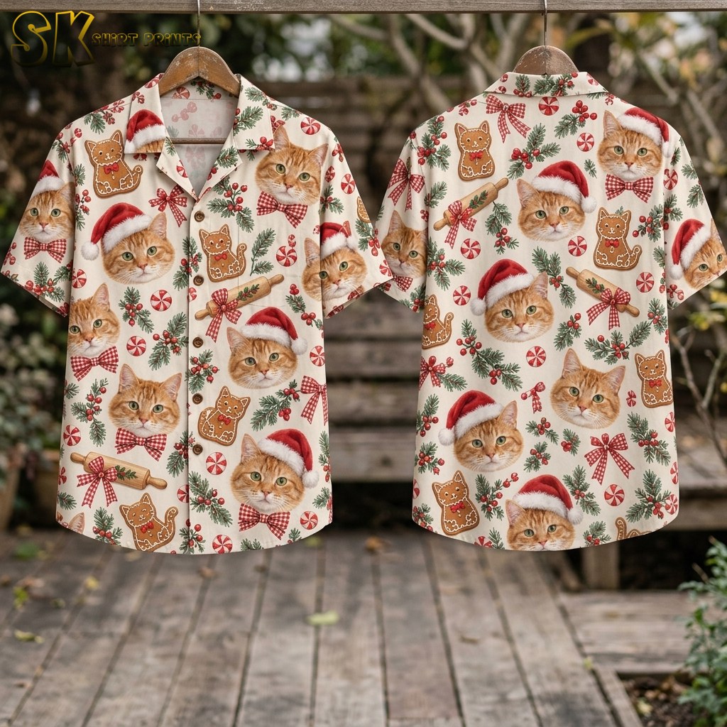 Two sides of a mens Christmas Hawaiian shirt hang on wooden hangers outdoors, displaying the full repeat pattern of Santa hat–wearing tabby cat faces, gingerbread cookies, peppermint rounds, and festive bows on a beige ground.
