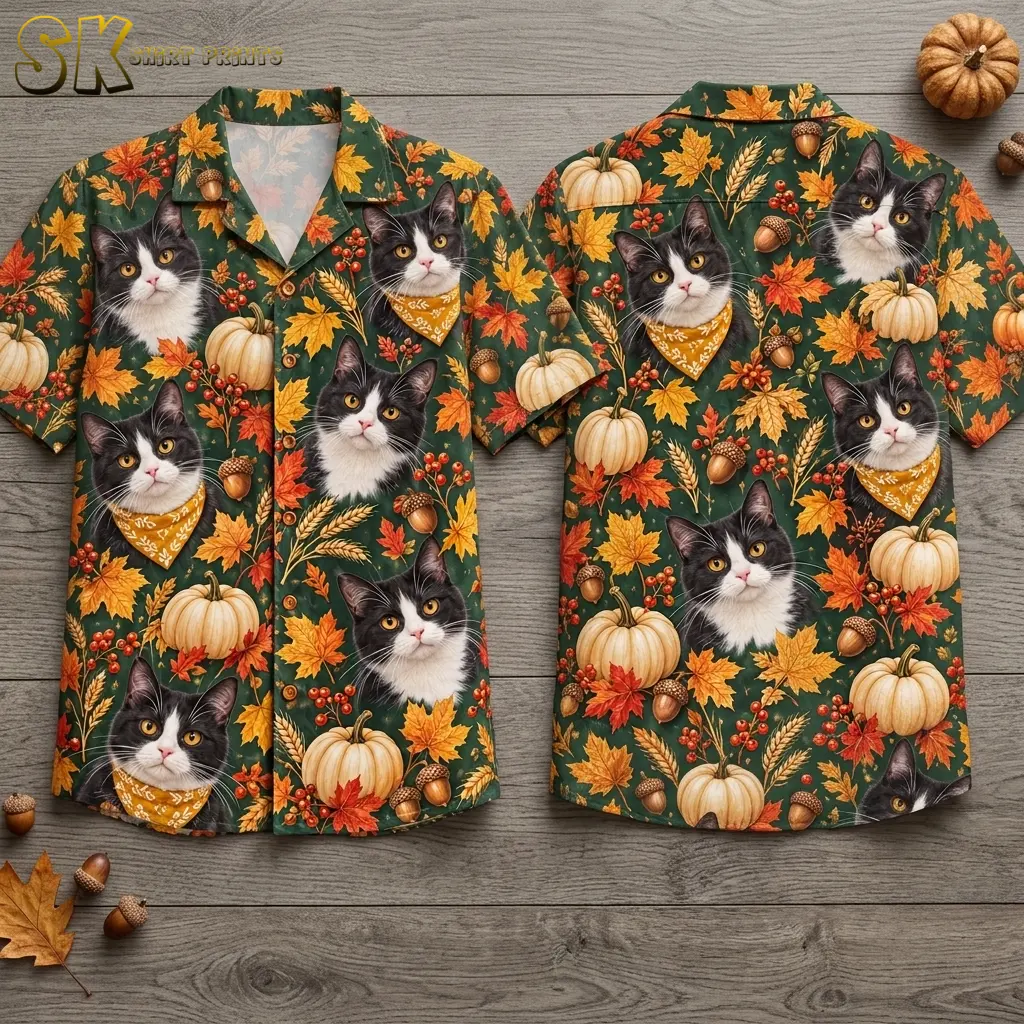 Front and back of a dark green short-sleeve shirt lie on gray wood, showing tuxedo cats, pumpkins, and colorful fall leaves.