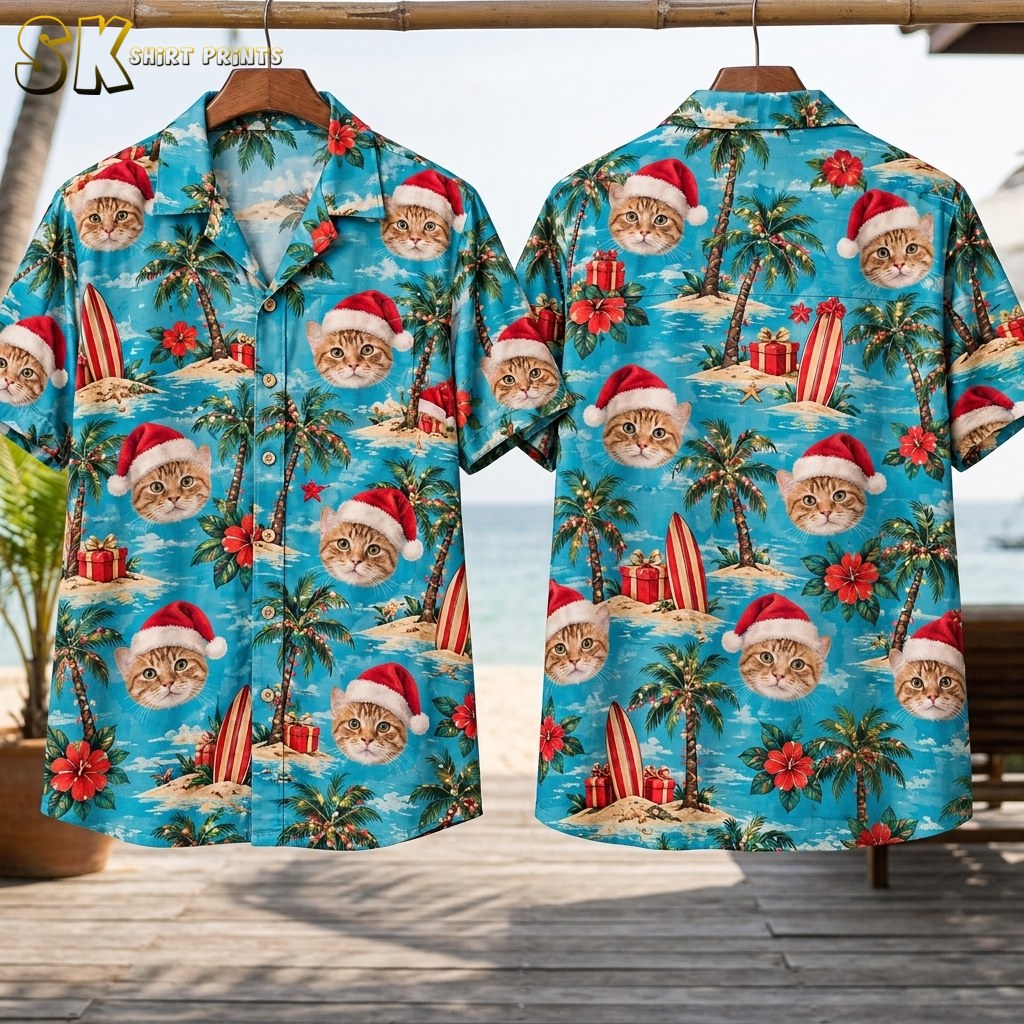 Front and back of the hawaiian shirt with Santa-hat cat faces hang on wooden hangers against a bright beach backdrop, showing the full repeat of the turquoise all-over pattern on both sides.