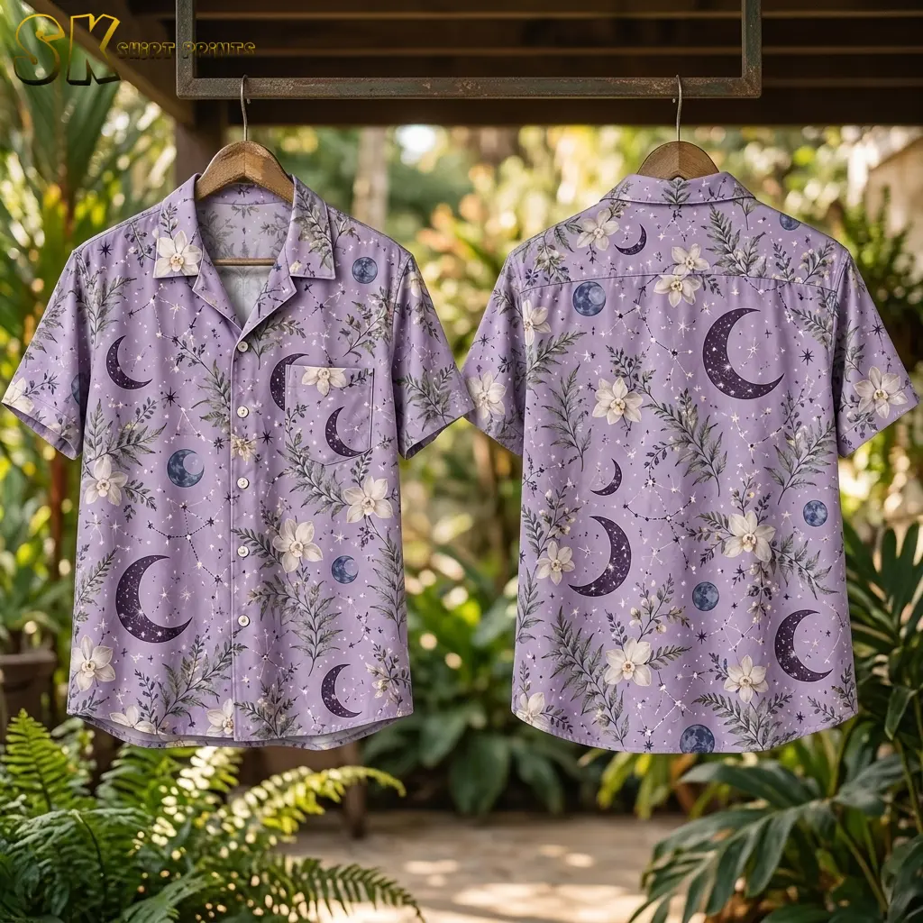 The lavender celestial shirt shown front and back on wooden hangers suspended outdoors, with tropical foliage behind, highlighting the large crescent moon on the back and the chest pocket on the front.