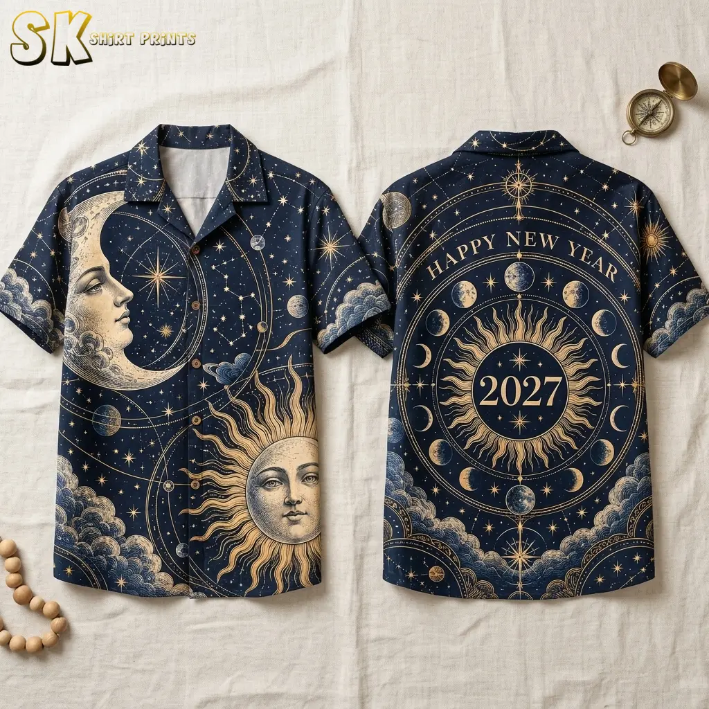 A navy button-up shirt lies front and back side by side, showing celestial faces and a Happy New Year 2027 back design.