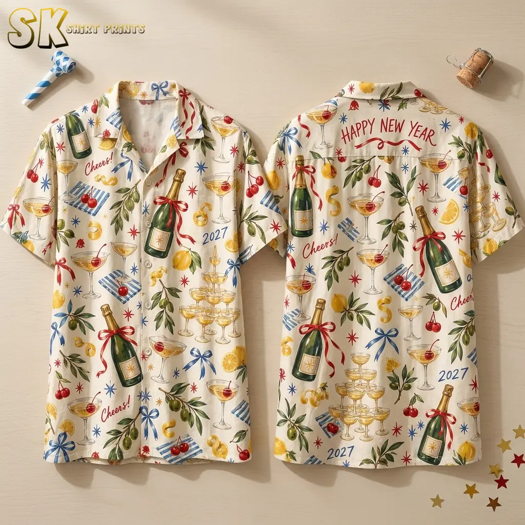 Front and back of an off-white button-up shirt with champagne bottles, glass towers, and “HAPPY NEW YEAR” lettering against a beige background.
