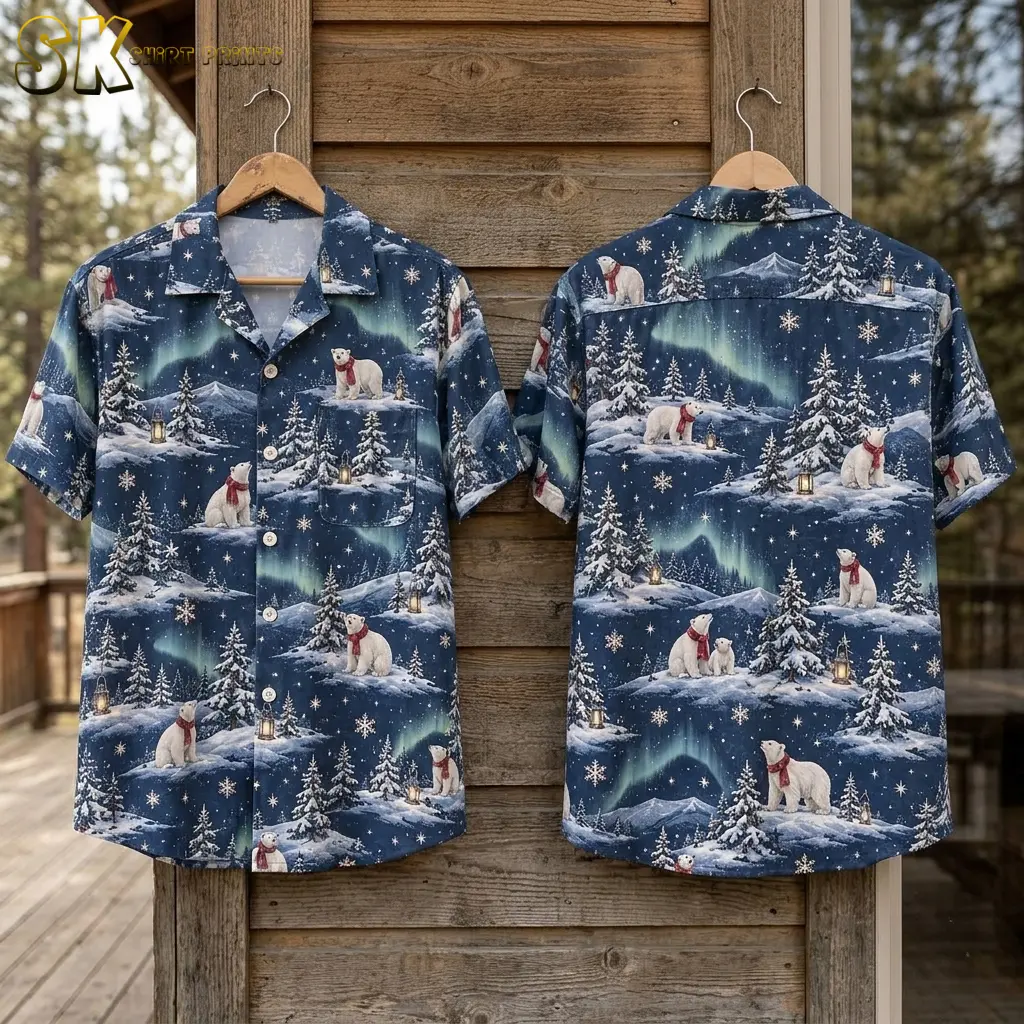 Front and back of the christmas aloha shirt hang side by side on wooden hangers against a weathered timber wall, displaying the full repeating polar bear and aurora pattern.