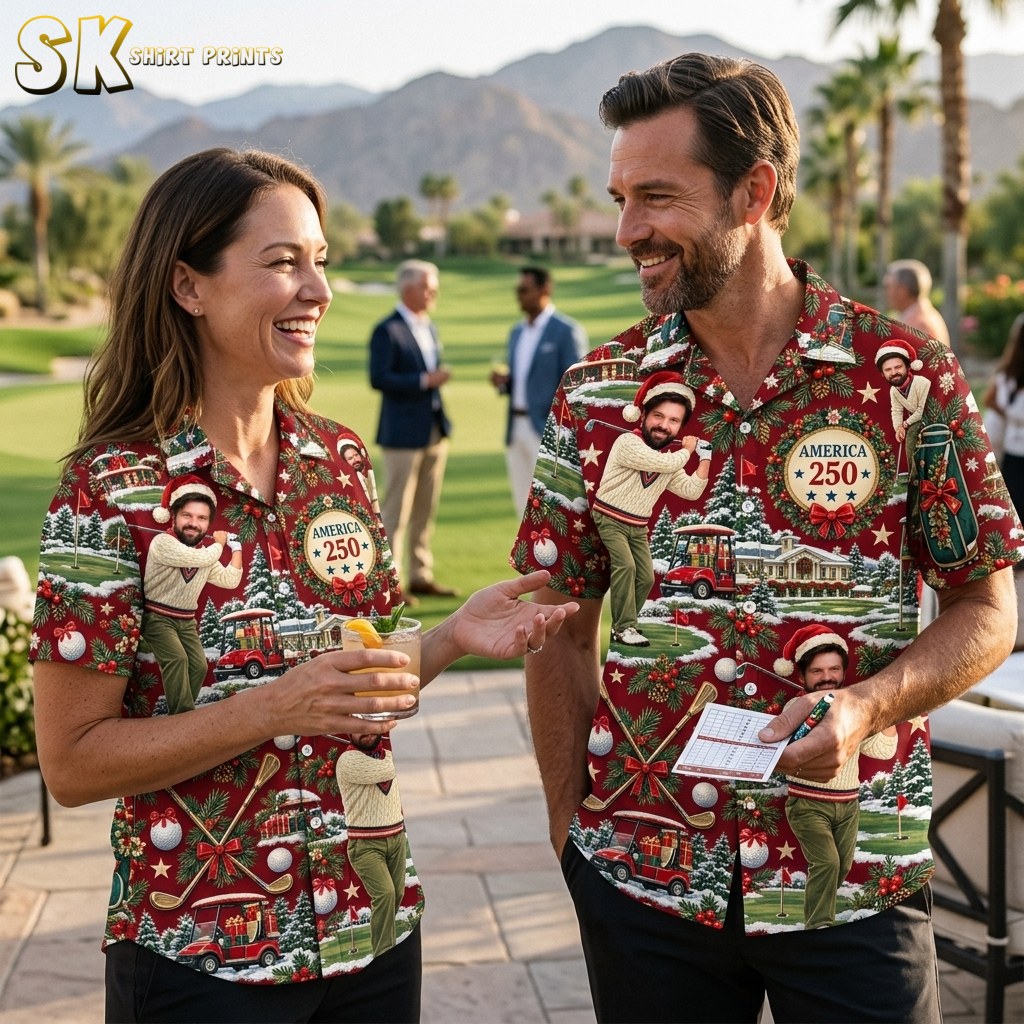 A couple shown together in a lifestyle photo, with one person wearing the deep red Christmas golf Hawaiian shirt decorated with Santa-hat golfer illustrations and holiday motifs.