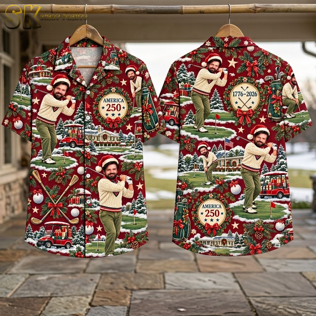 Front and back flat-lay views of the deep red short-sleeve button-up shirt, showing the full spread of the repeating Christmas golf pattern including the Santa-hat golfer, golf carts carrying gift boxes, snow-covered pine trees, and a large holiday-decorated building.