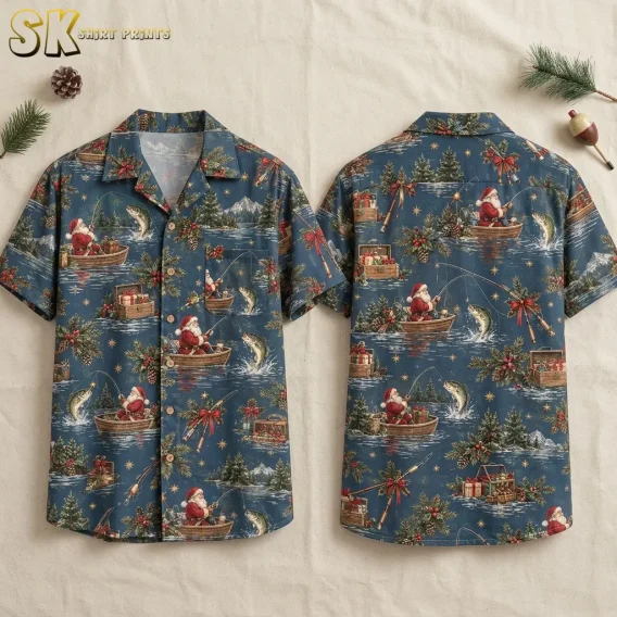 Front and back of a christmas hawaiian shirt laid flat, showing Santa fishing from a wooden rowboat repeated across a muted blue background with pine branches, gift crates, and golden stars.