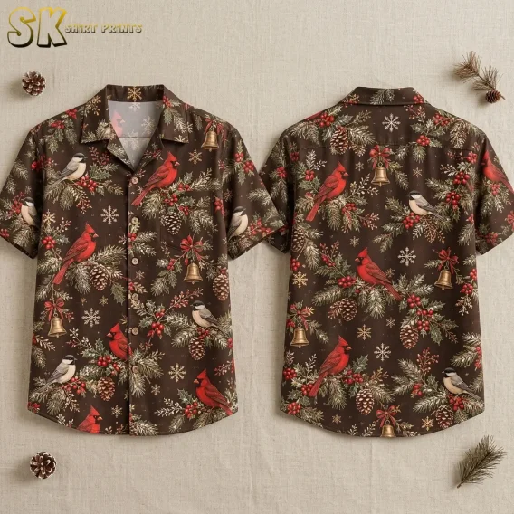 Both sides of a christmas hawaiian shirt displayed flat, showing red cardinals, chickadees, pine cones, golden bells, and holly on a dark brown background.