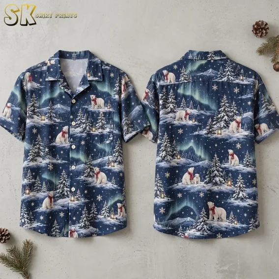 Both sides of a christmas hawaiian shirt laid flat, showing polar bears in red scarves among snow-covered pines and northern lights on a dark navy background.